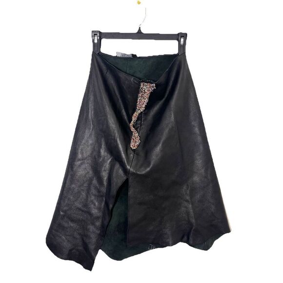 Y2K Genuine Leather Skirt Womens Asymmetric Beaded Front Slit Black Size 6 - Picture 1 of 9